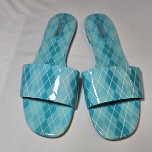 Laroude Blue Argyle Patent Lesther Flat Slide Sandals, sz 7.5